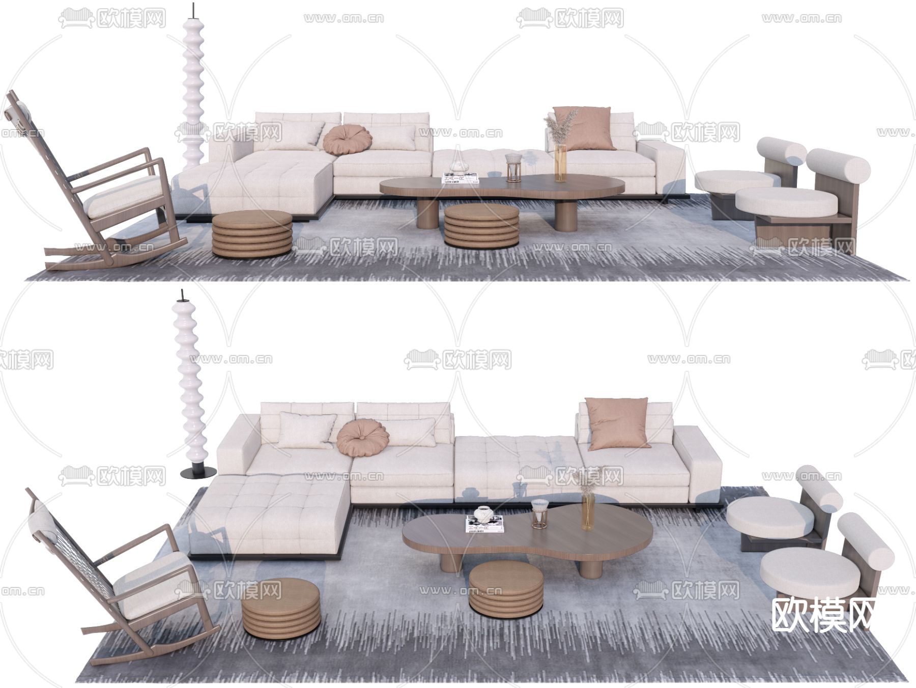 侘寂风布艺转角沙发su模型下载