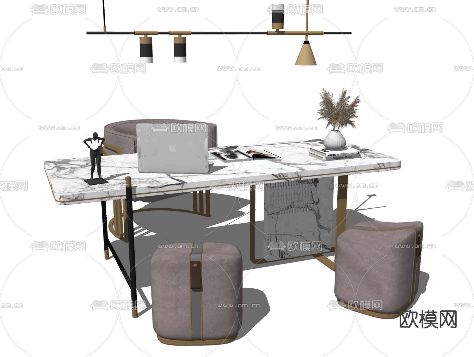 现代大理石书桌椅su模型下载（渲染图2）