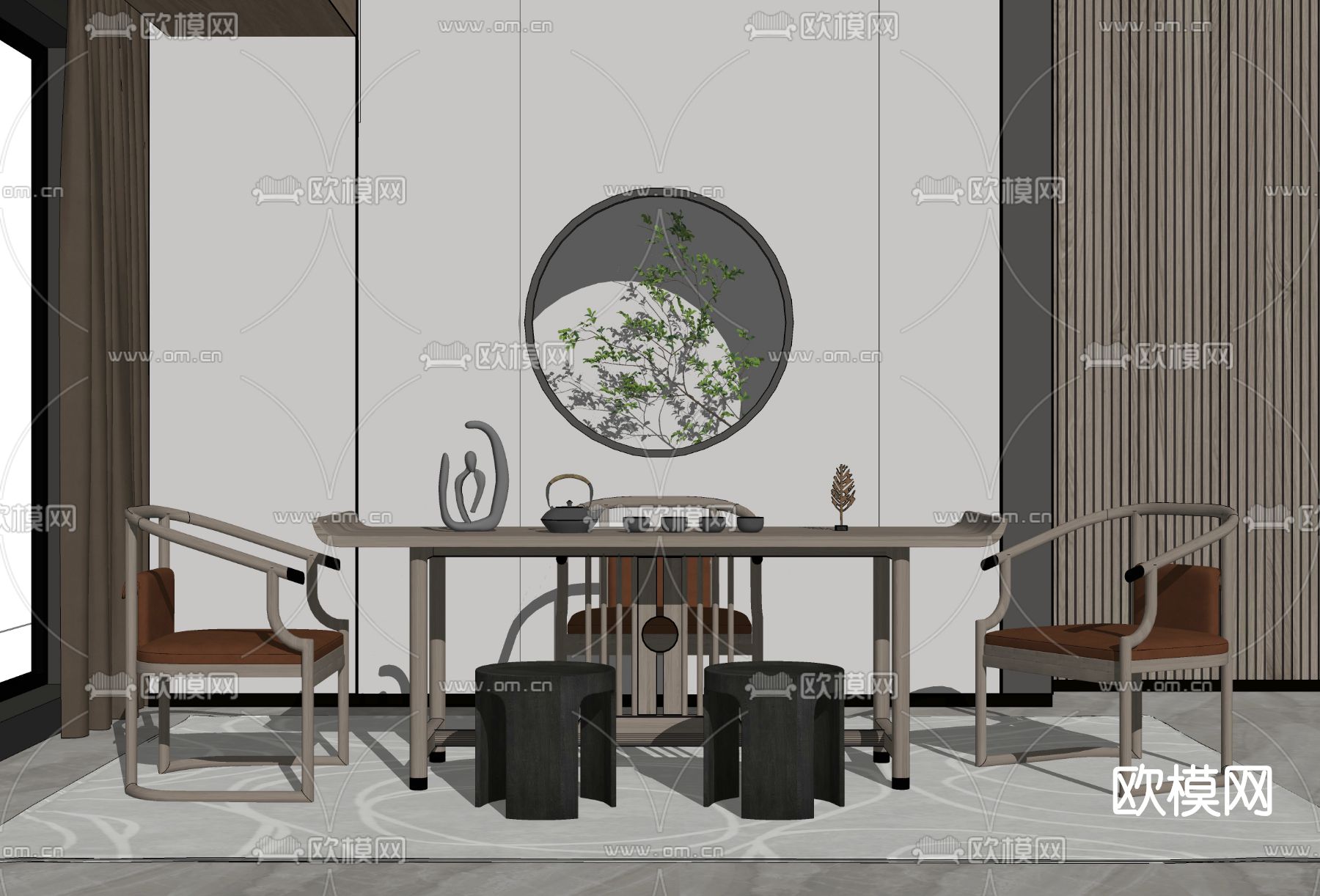 新中式实木茶桌椅su模型