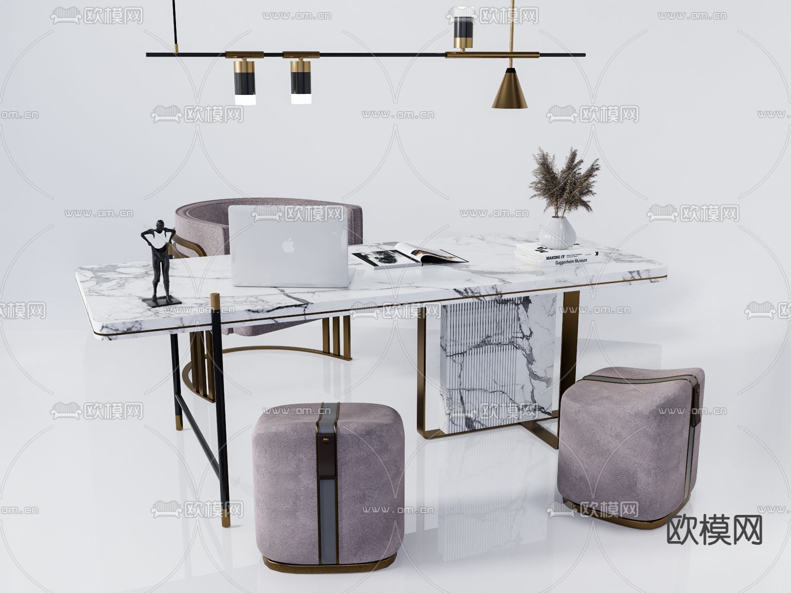 现代大理石书桌椅su模型下载（渲染图1）