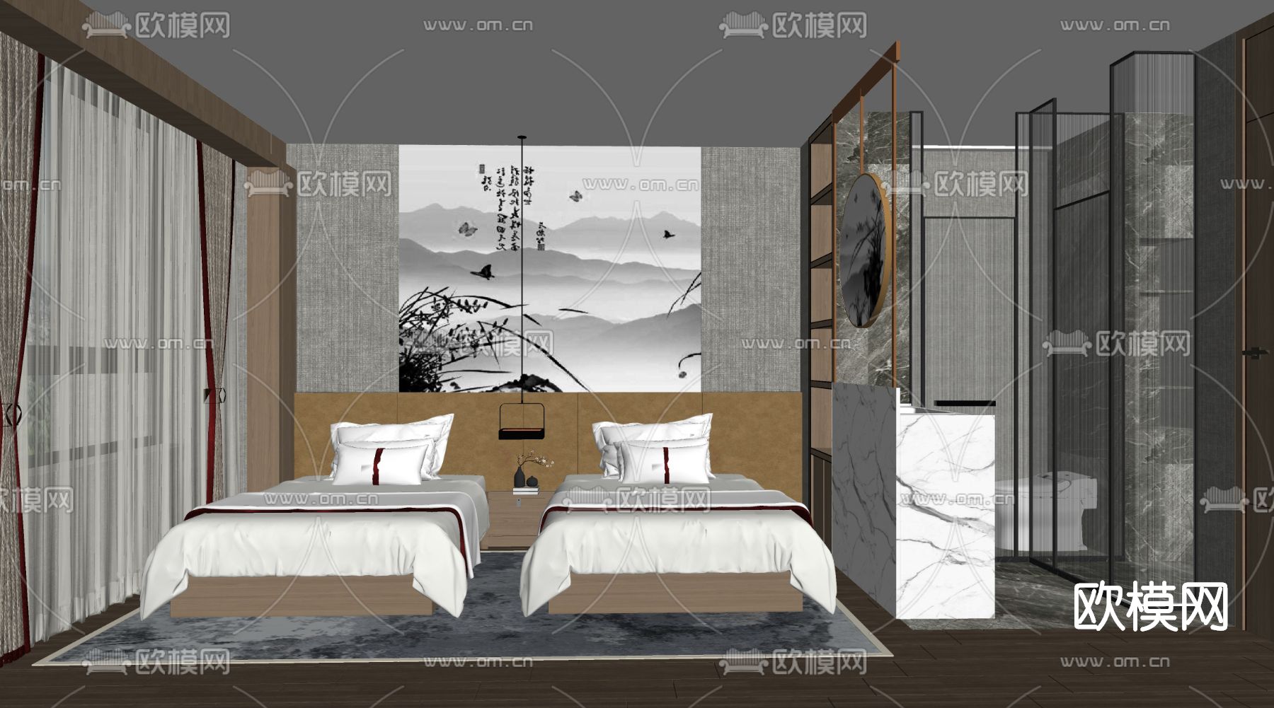 新中式酒店客房su模型下载