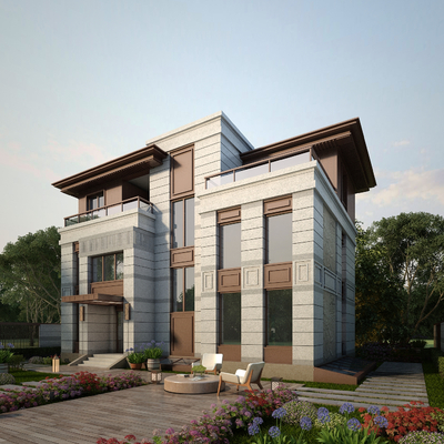  新中式别墅外观su模型 