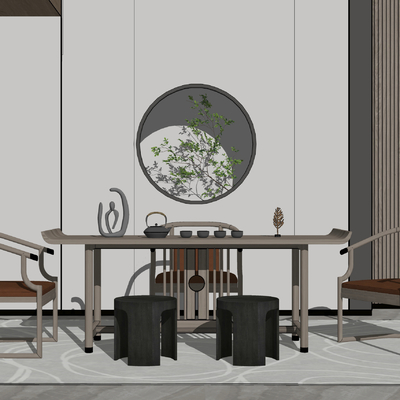 新中式实木茶桌椅su模型