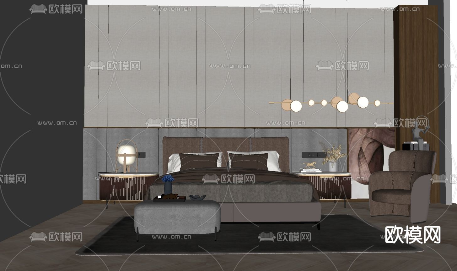 现代布艺双人床su模型下载