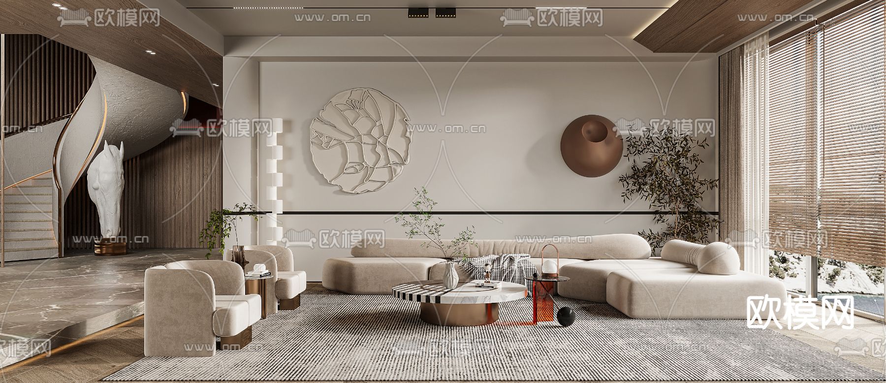 侘寂布艺转角沙发组合3d模型下载