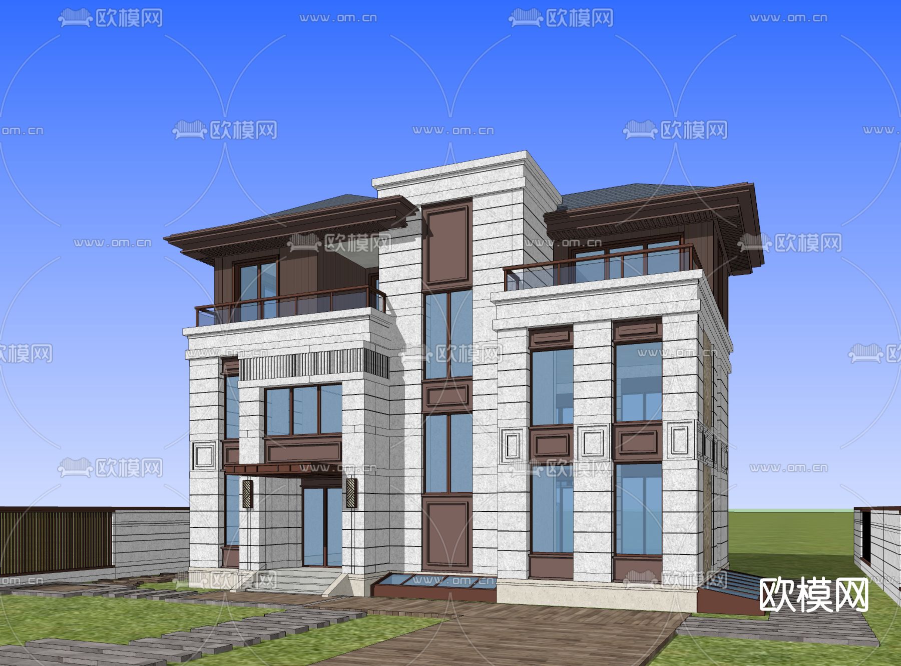 新中式别墅外观su模型下载（渲染图1）