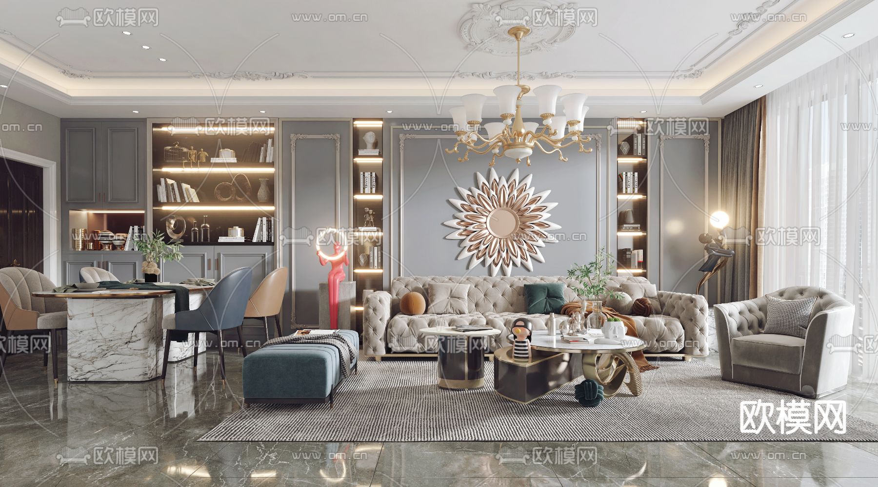 简欧轻奢客餐厅3d模型下载（渲染图1）