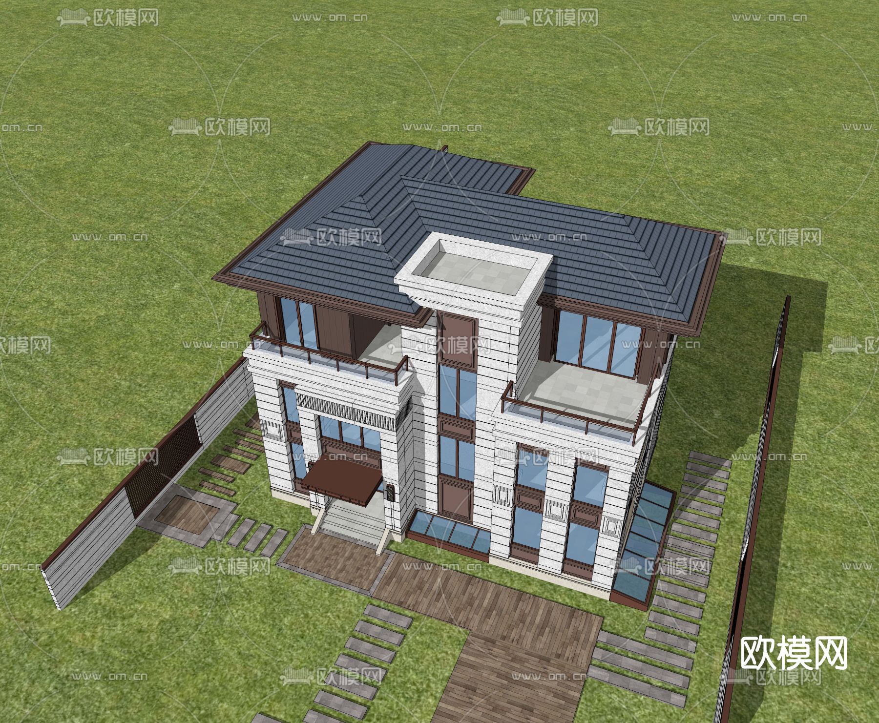 新中式别墅外观su模型下载（渲染图3）