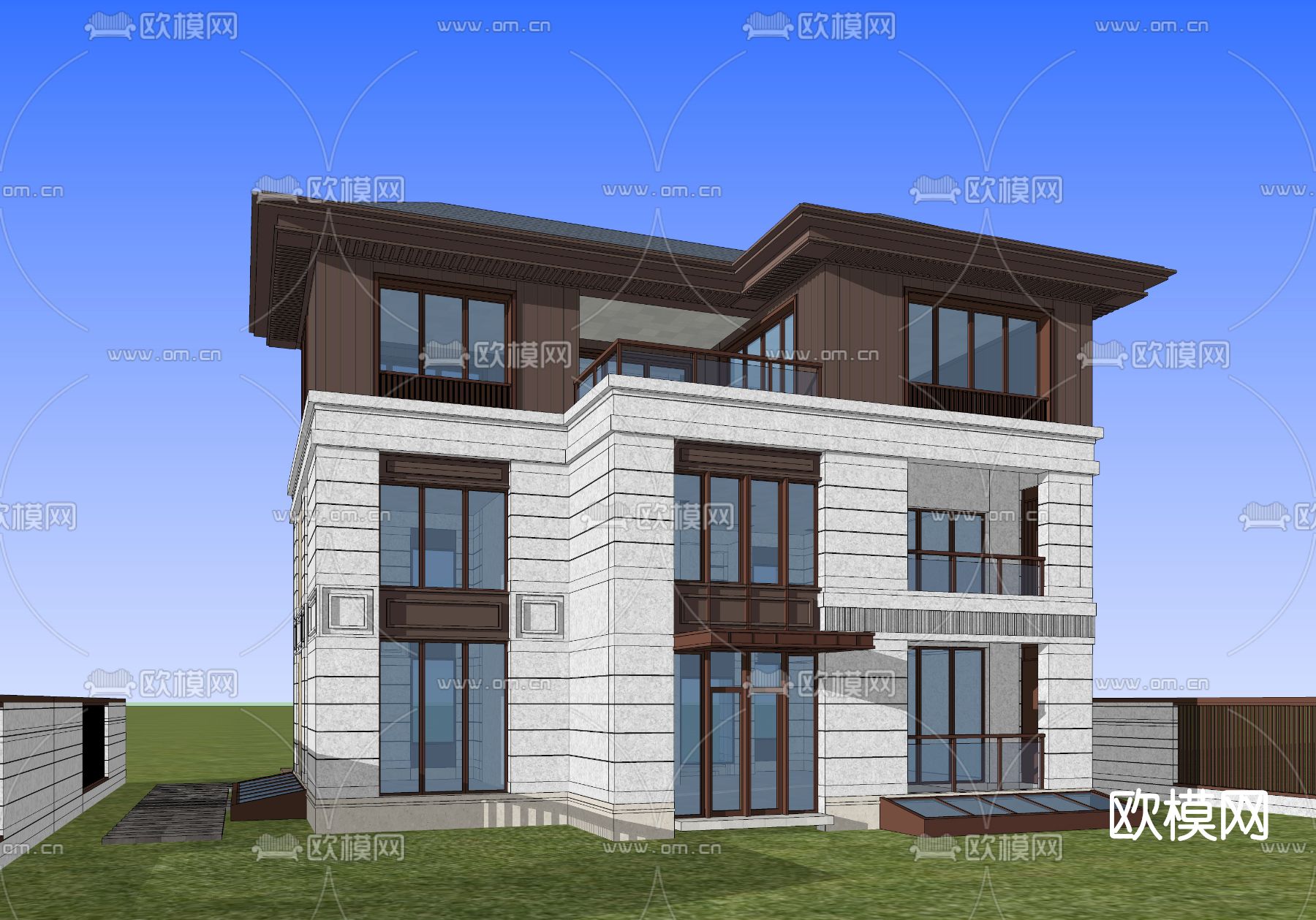 新中式别墅外观su模型下载（渲染图4）