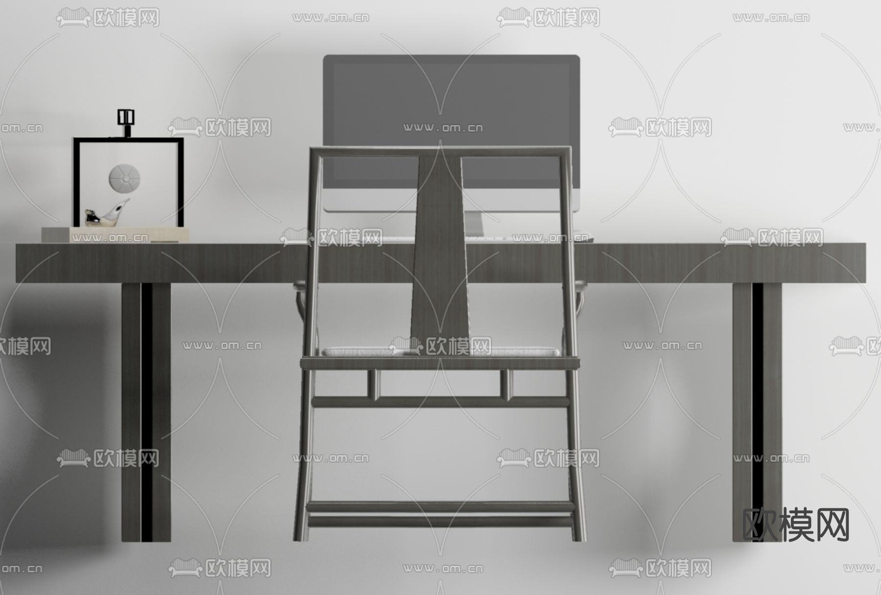 新中式实木书桌椅免费3d模型下载
