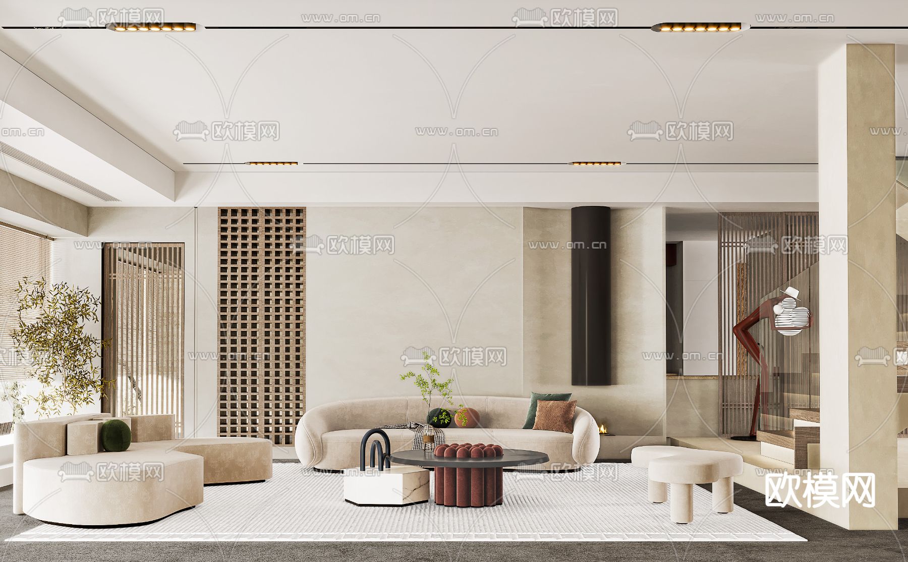 侘寂布艺沙发组合3d模型下载（渲染图1）