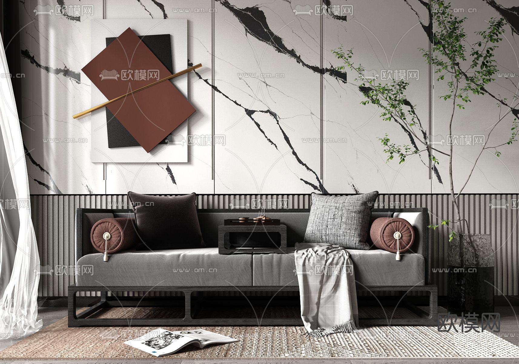 新中式布艺双人沙发3d模型下载