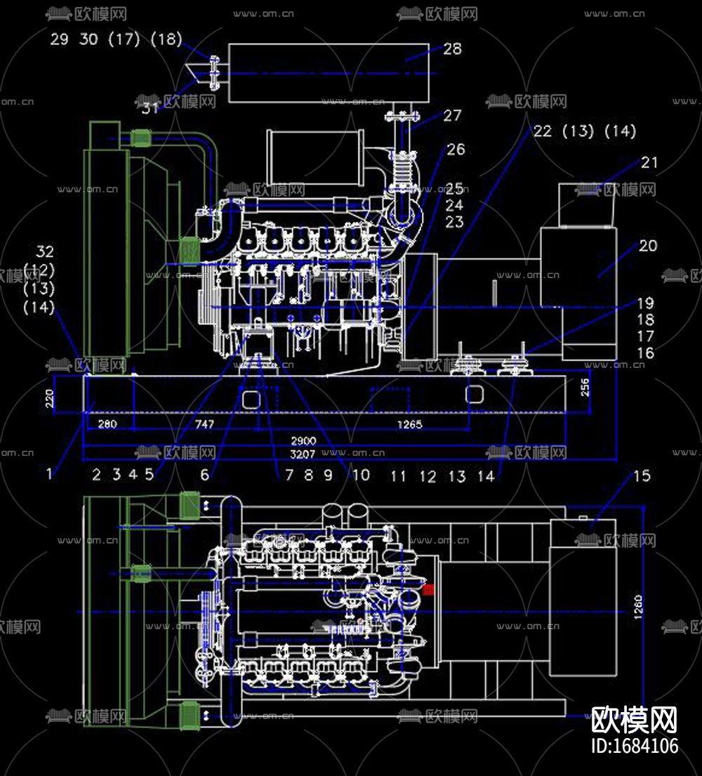 柴油发电机cad装配图下载（渲染图3）