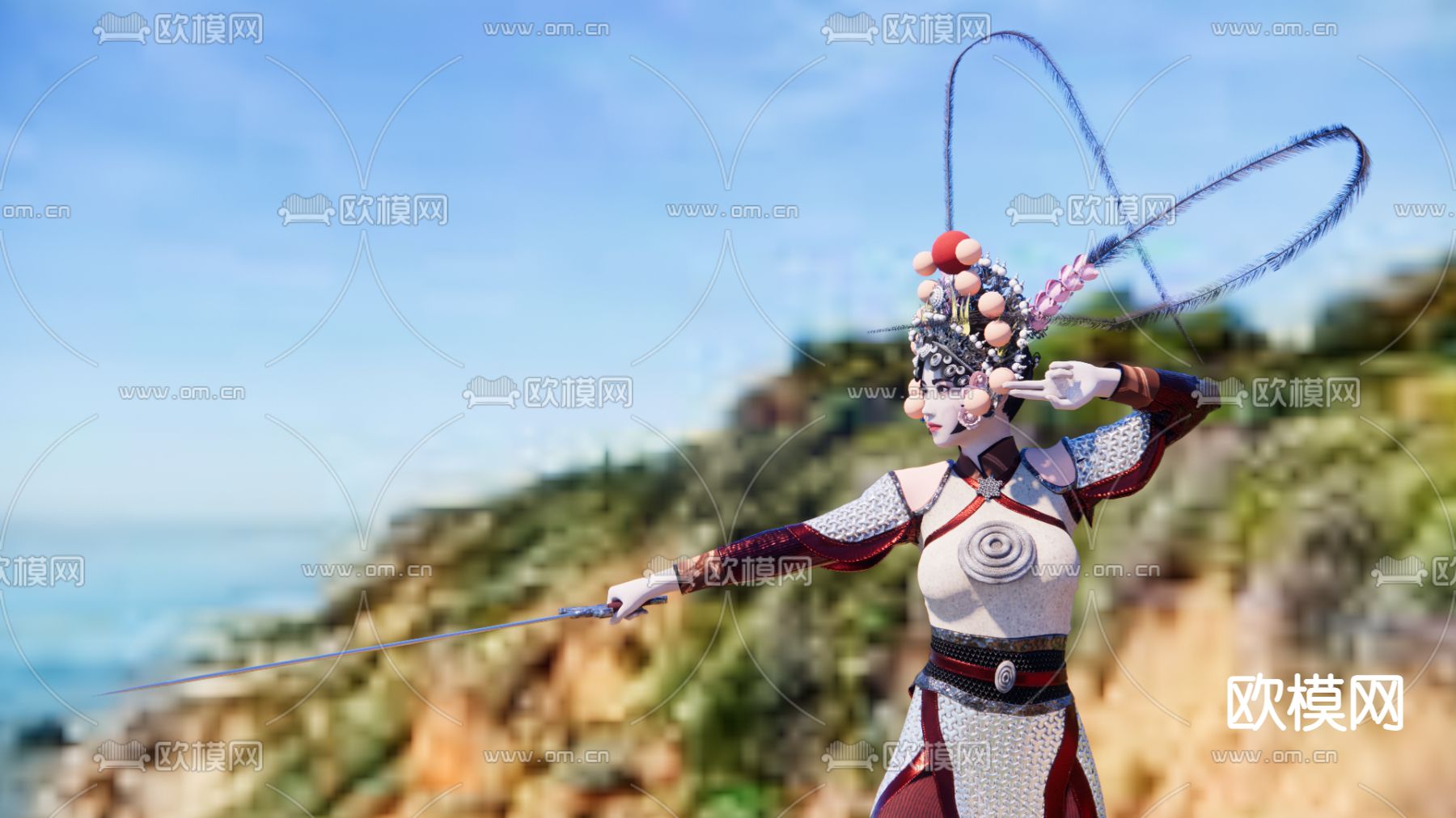 中式京剧美女su模型下载（渲染图1）