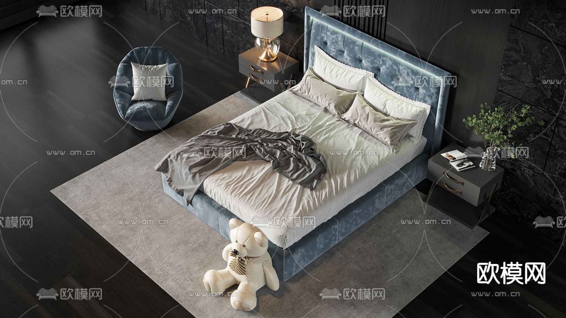 简欧绒布双人床3d模型下载