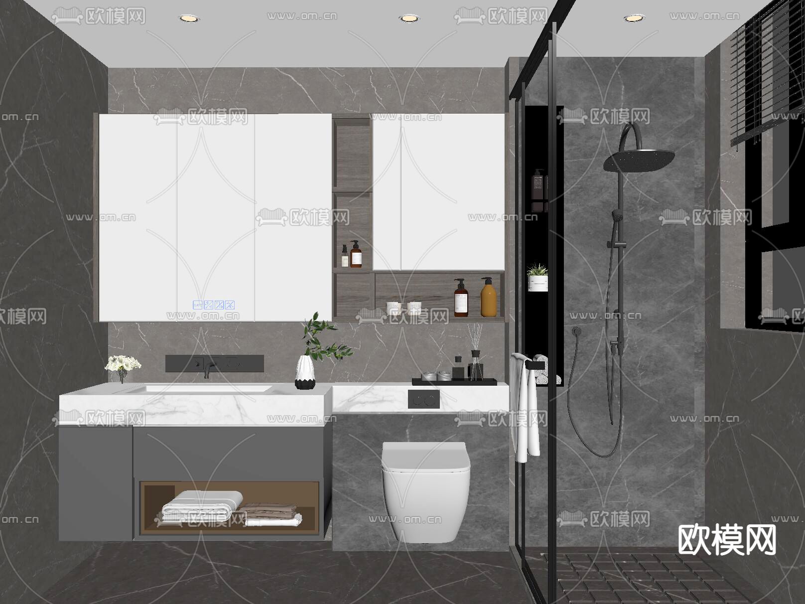 现代高级灰卫生间su模型下载（渲染图2）
