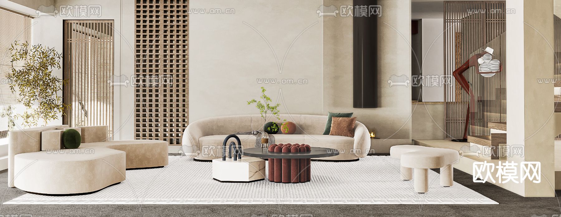 侘寂布艺沙发组合3d模型下载（渲染图2）