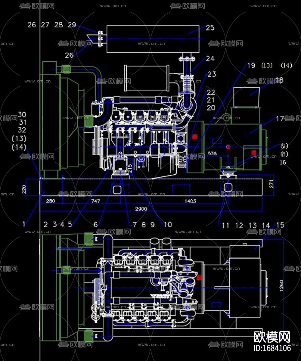 柴油发电机cad装配图下载（渲染图5）