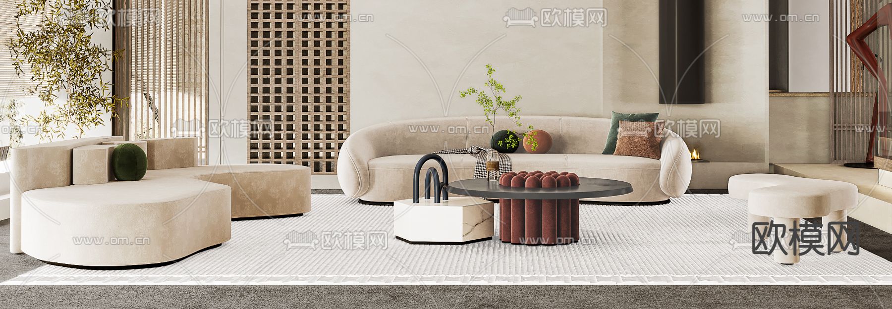 侘寂布艺沙发组合3d模型下载（渲染图3）