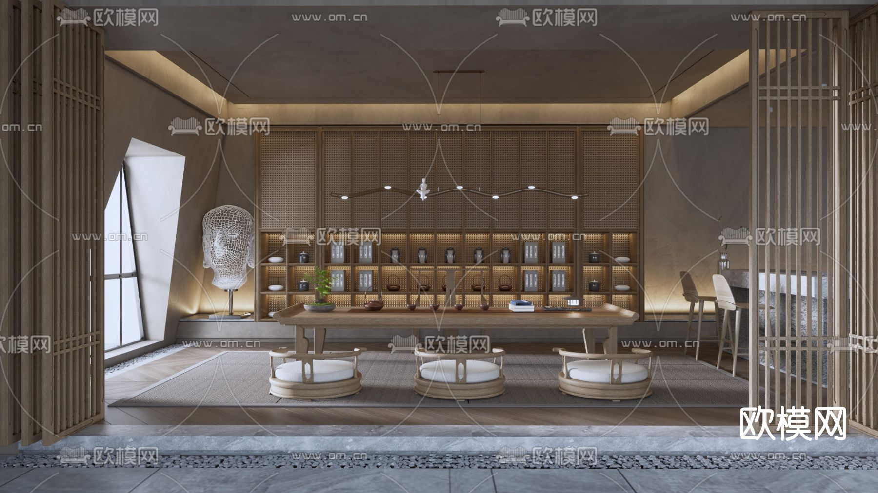新中式茶室su模型下载（渲染图1）