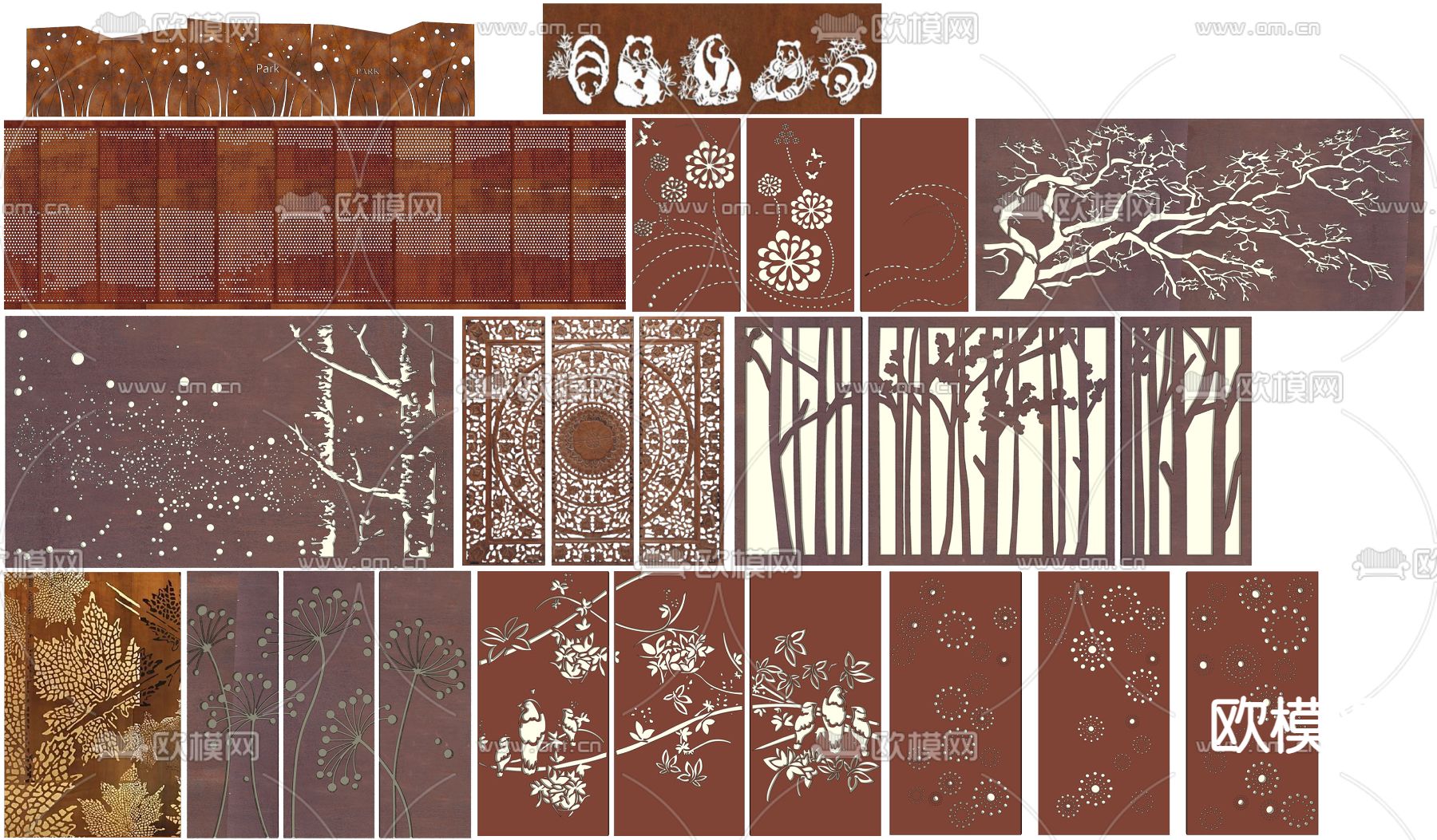 新中式雕花锈板隔断装饰墙su模型下载