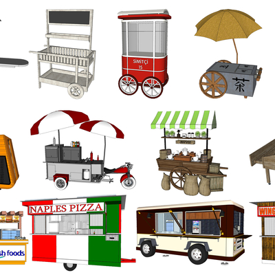  现代小吃车售货售卖推车su模型 