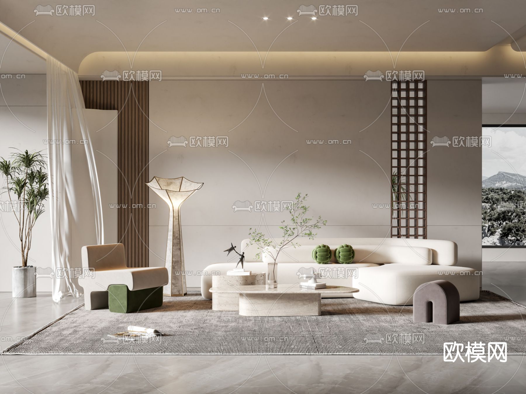 侘寂布艺弧形沙发组合3d模型