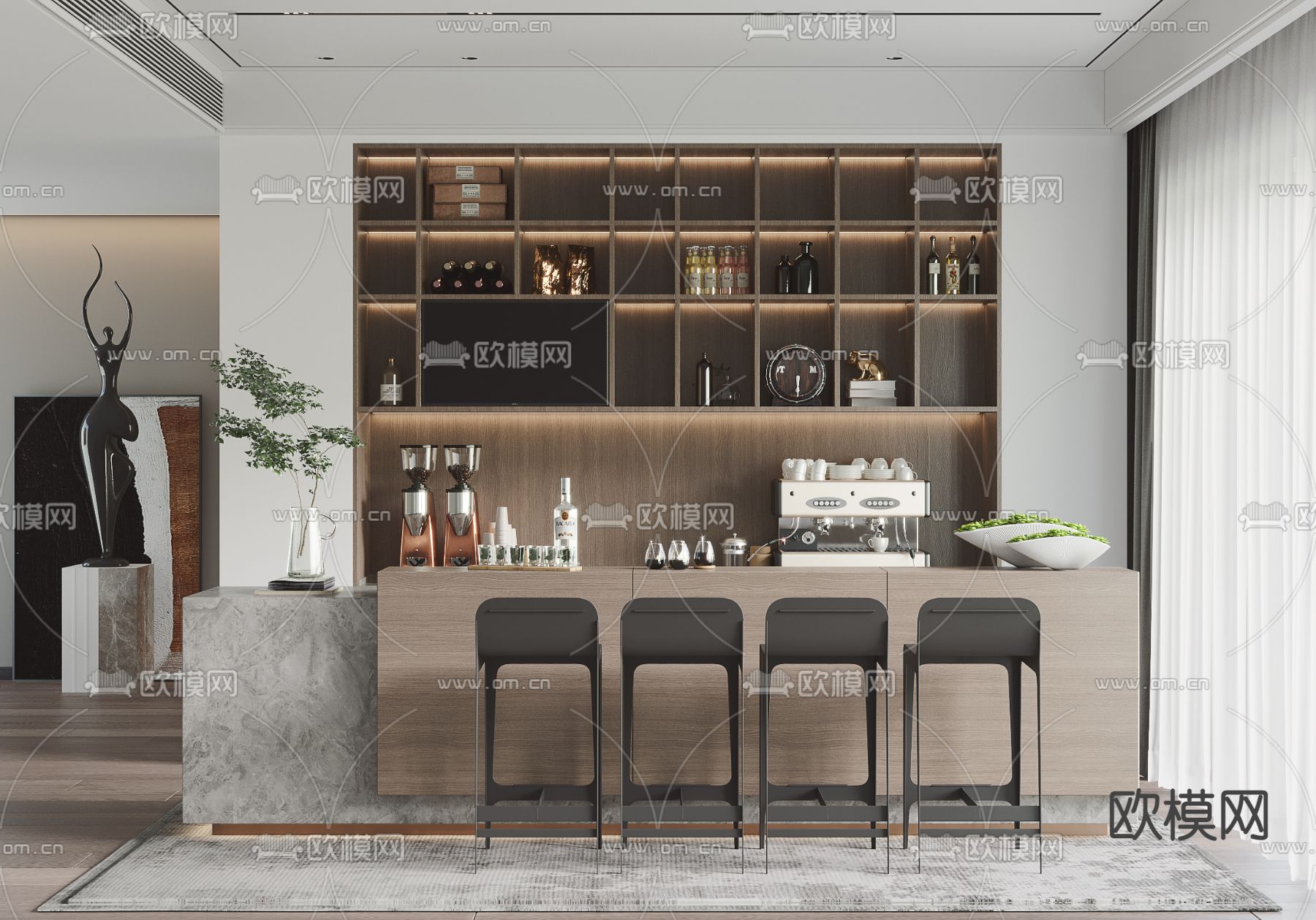 现代实木吧台3d模型下载