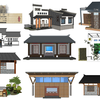  新中式公共卫生间建筑su模型 