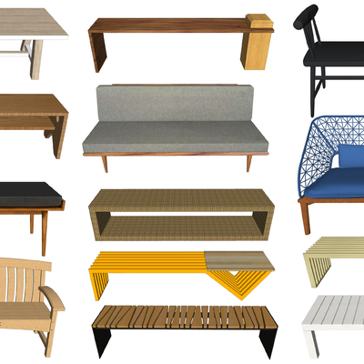  现代户外休闲木长椅su模型 