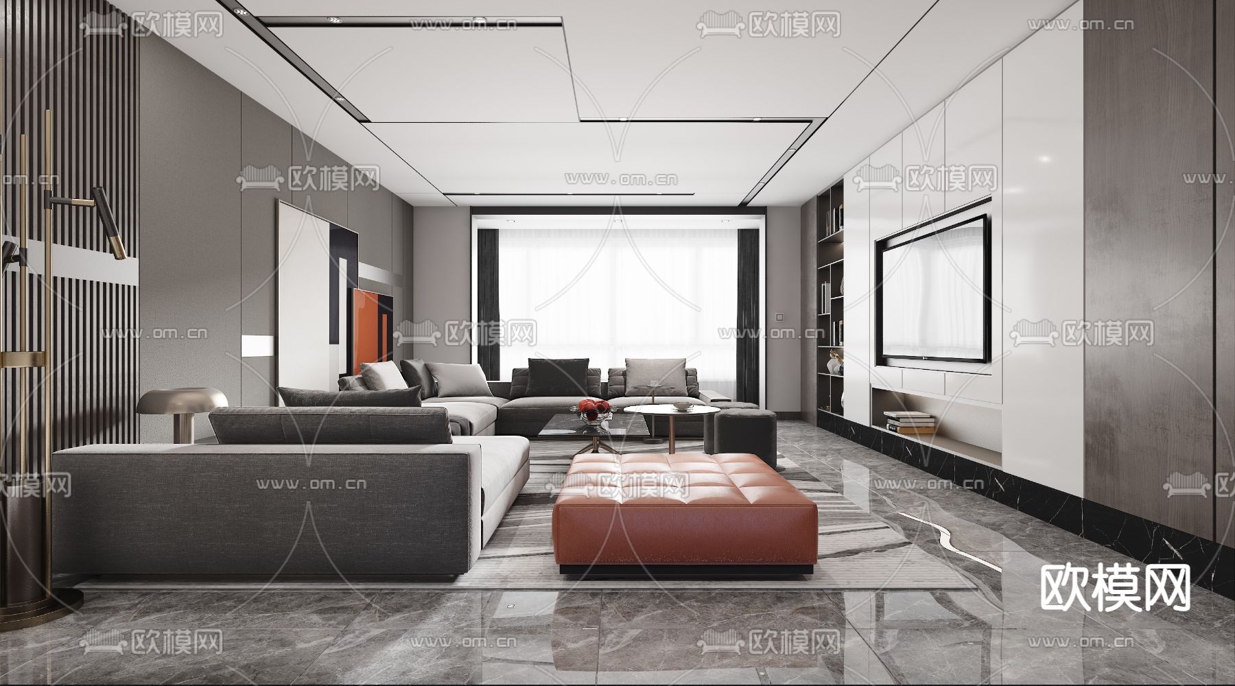 现代高级灰客厅3d模型下载（渲染图2）