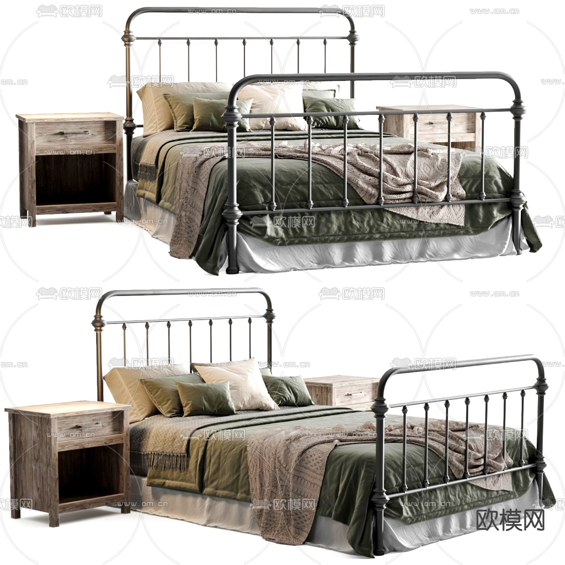 工业风铁艺双人床3d模型下载（渲染图1）