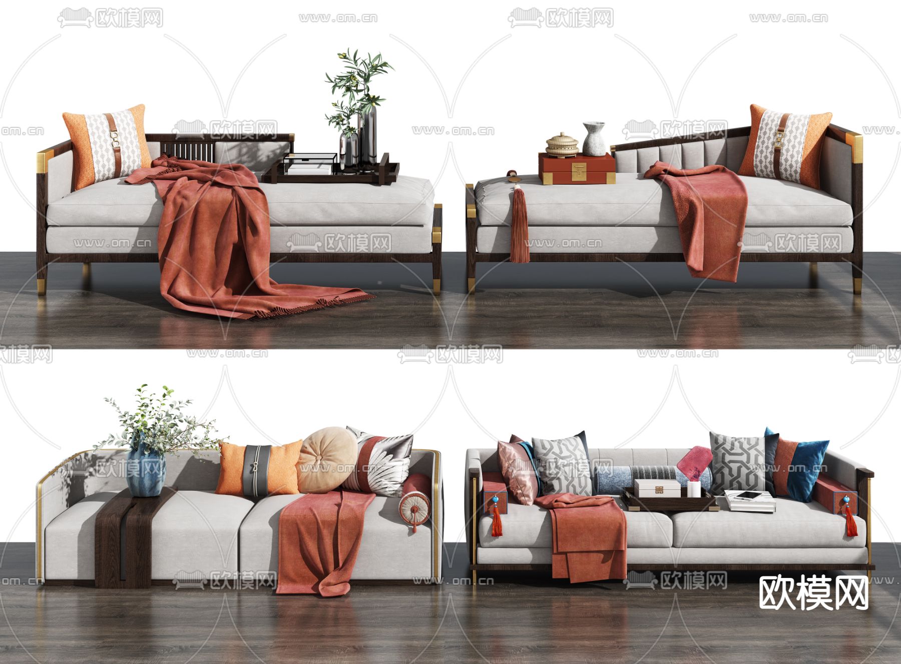 新中式布艺双人沙发3d模型下载