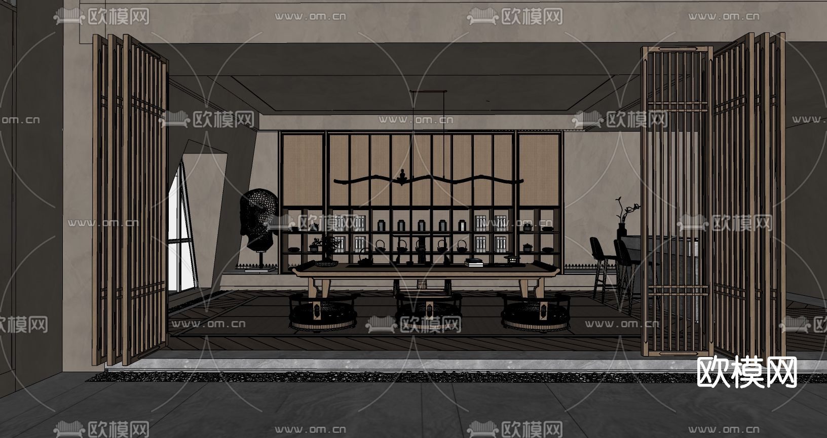 新中式茶室su模型下载（渲染图2）