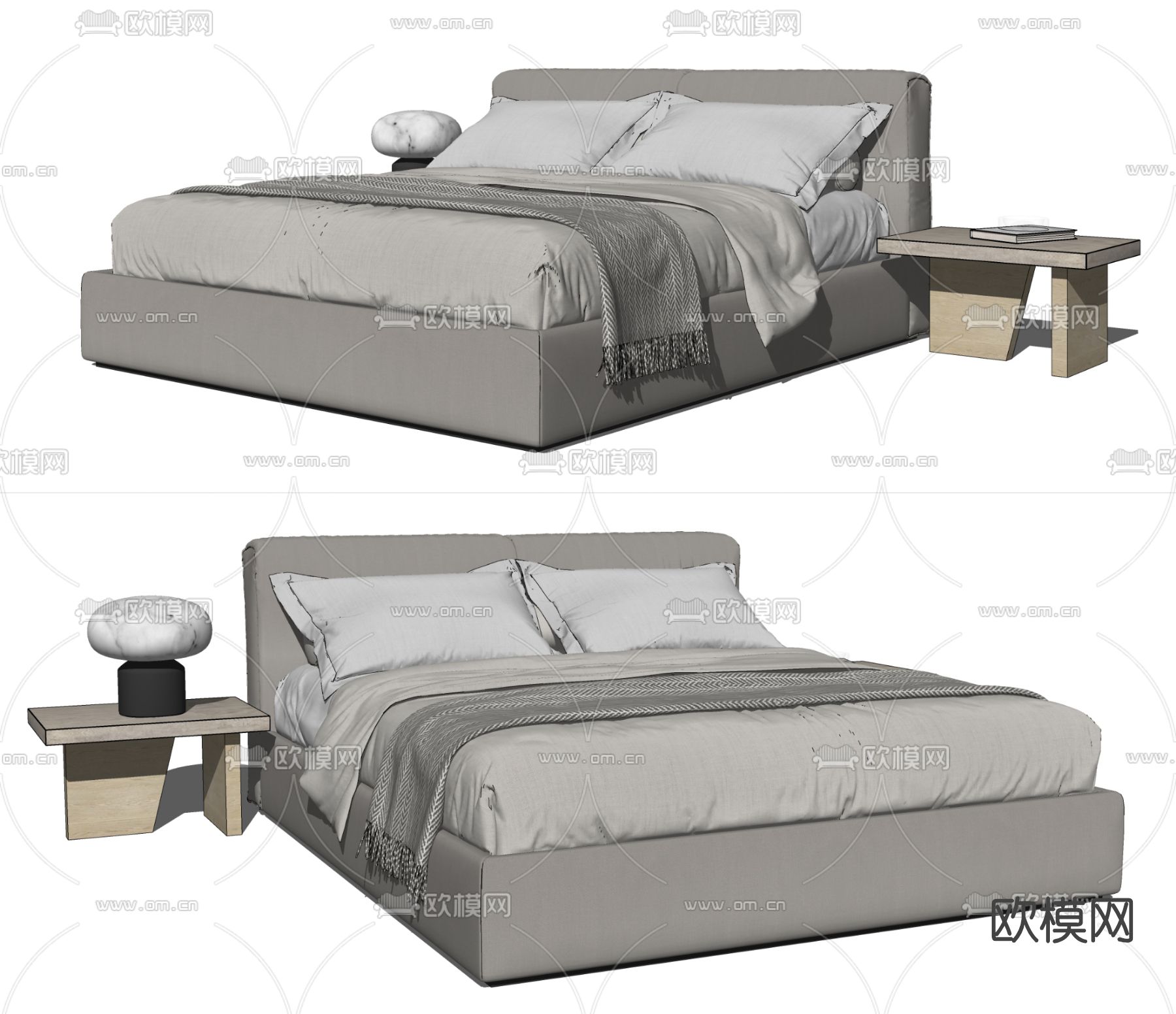 现代布艺双人床su模型下载（渲染图2）