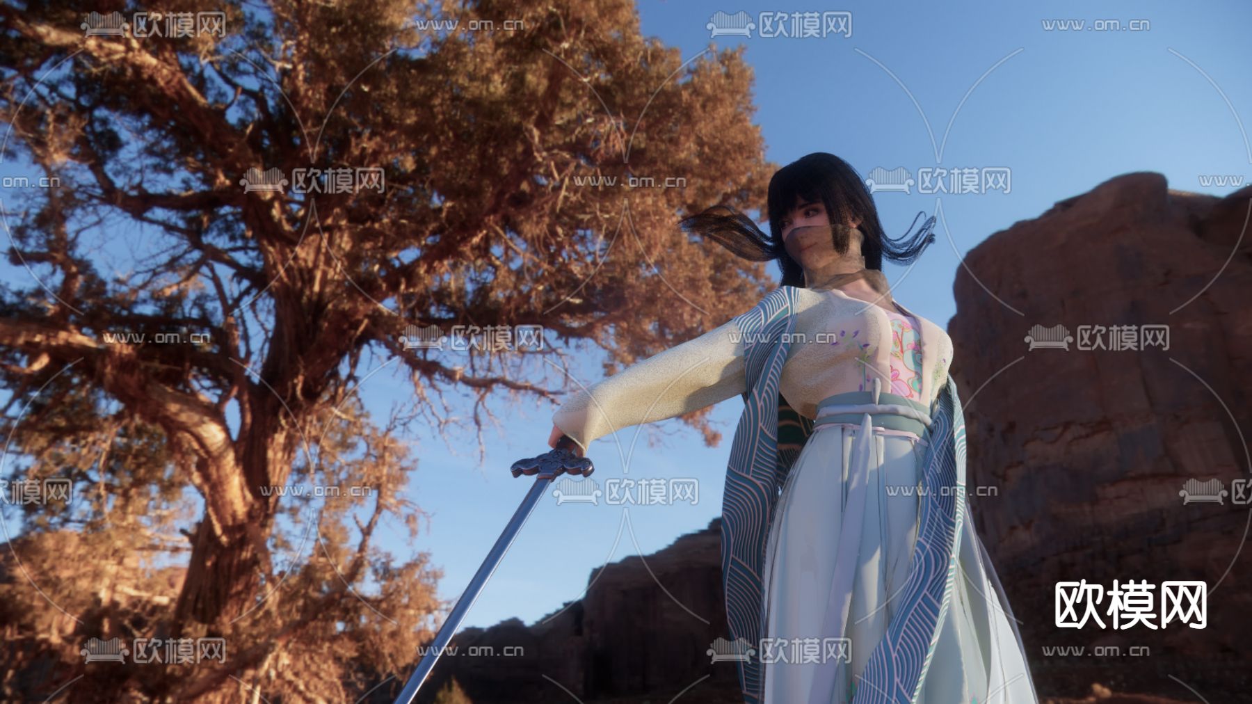 中式侠风美女su模型下载（渲染图1）