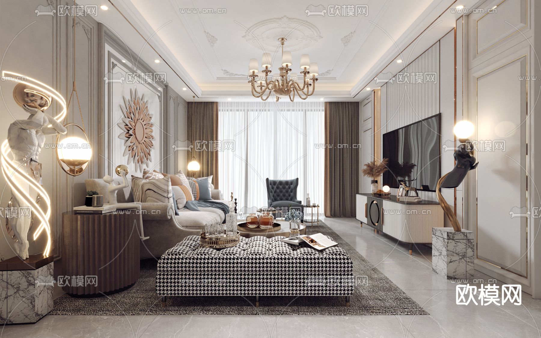 简欧客厅餐厅3d模型下载（渲染图2）