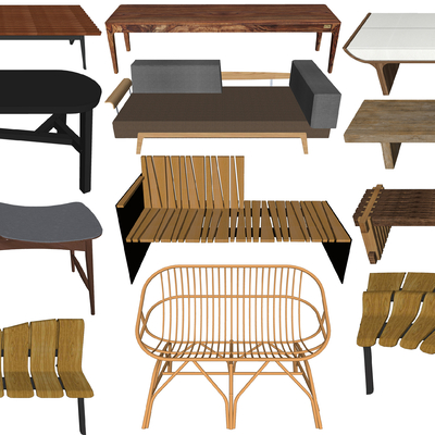  现代户外休闲木长椅su模型 