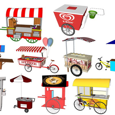  现代小吃车售货售卖推车su模型 