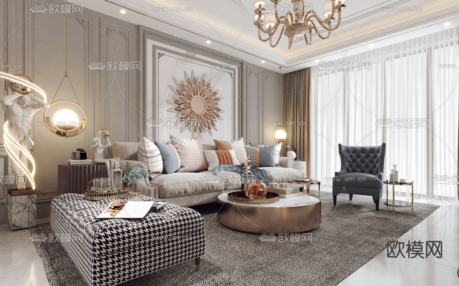 简欧客厅餐厅3d模型下载（渲染图4）