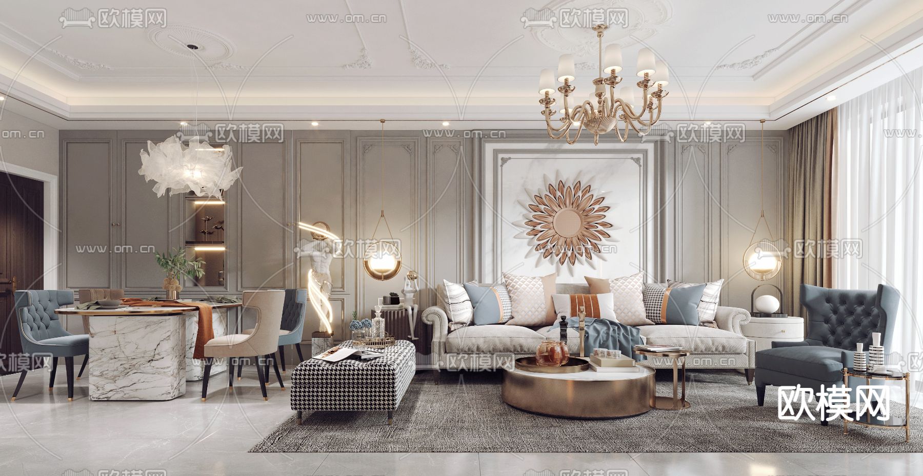 简欧客厅餐厅3d模型下载（渲染图1）