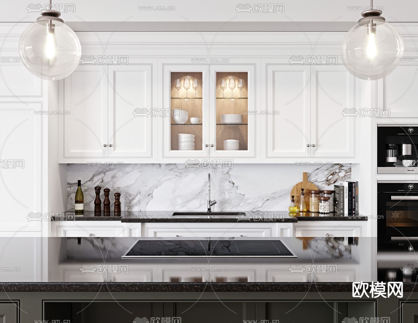 简欧橱柜中岛柜3d模型下载（渲染图2）