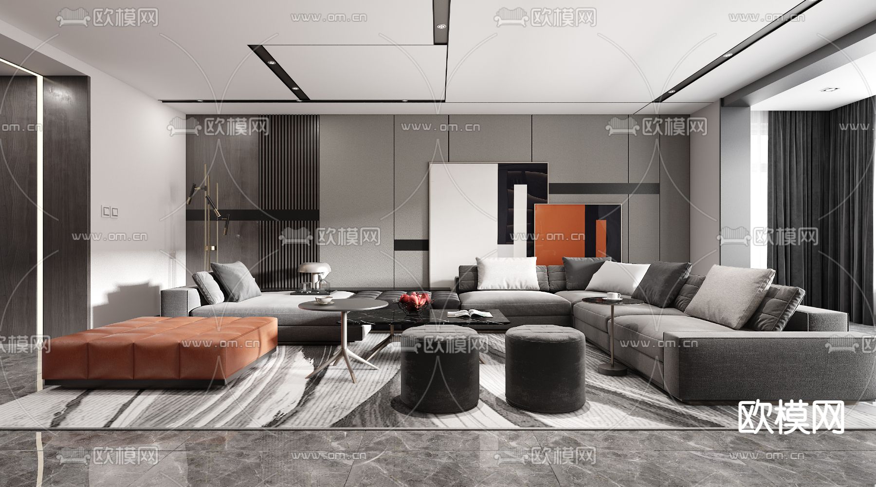 现代高级灰客厅3d模型下载（渲染图1）