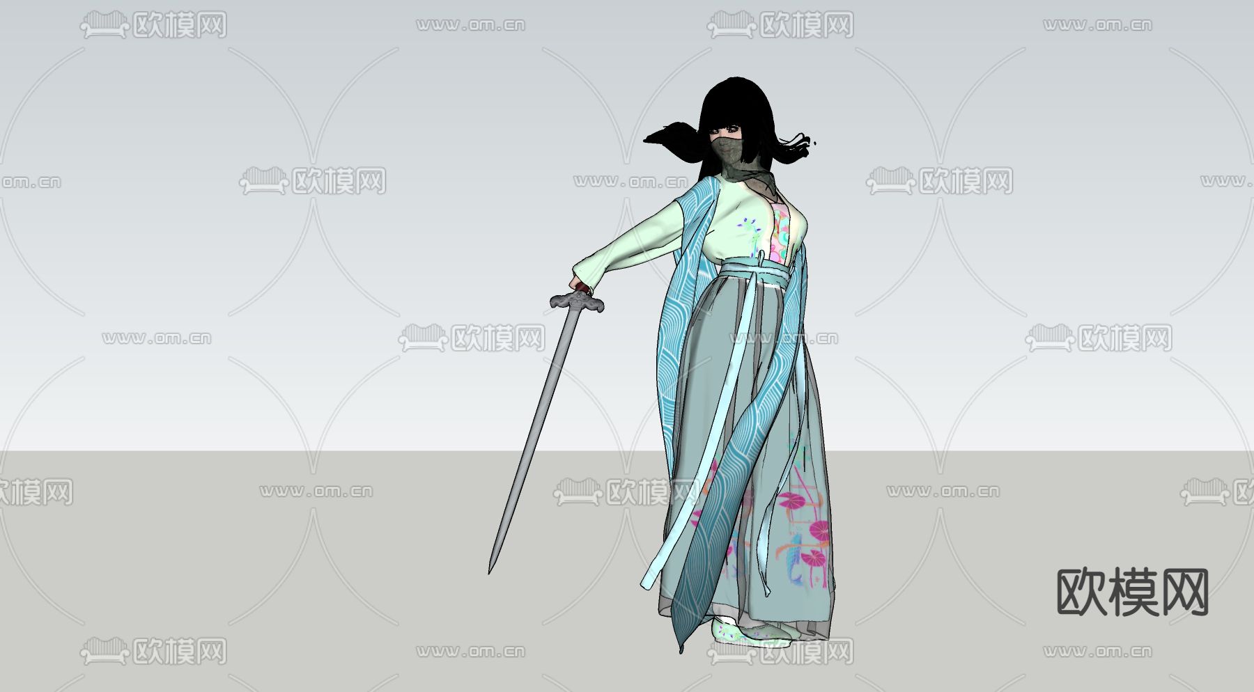 中式侠风美女su模型下载（渲染图2）