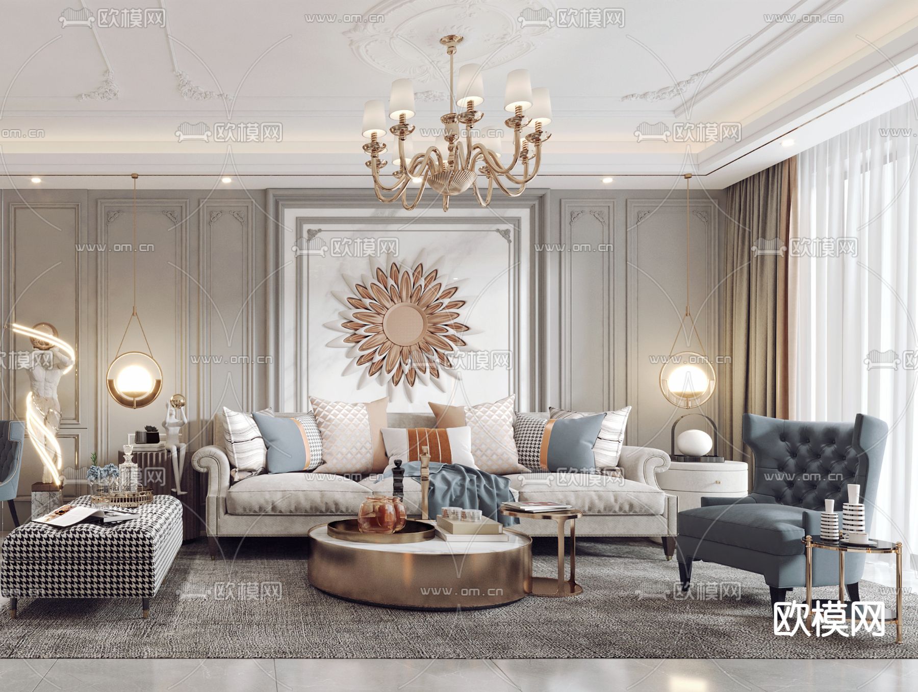 简欧客厅餐厅3d模型下载（渲染图3）