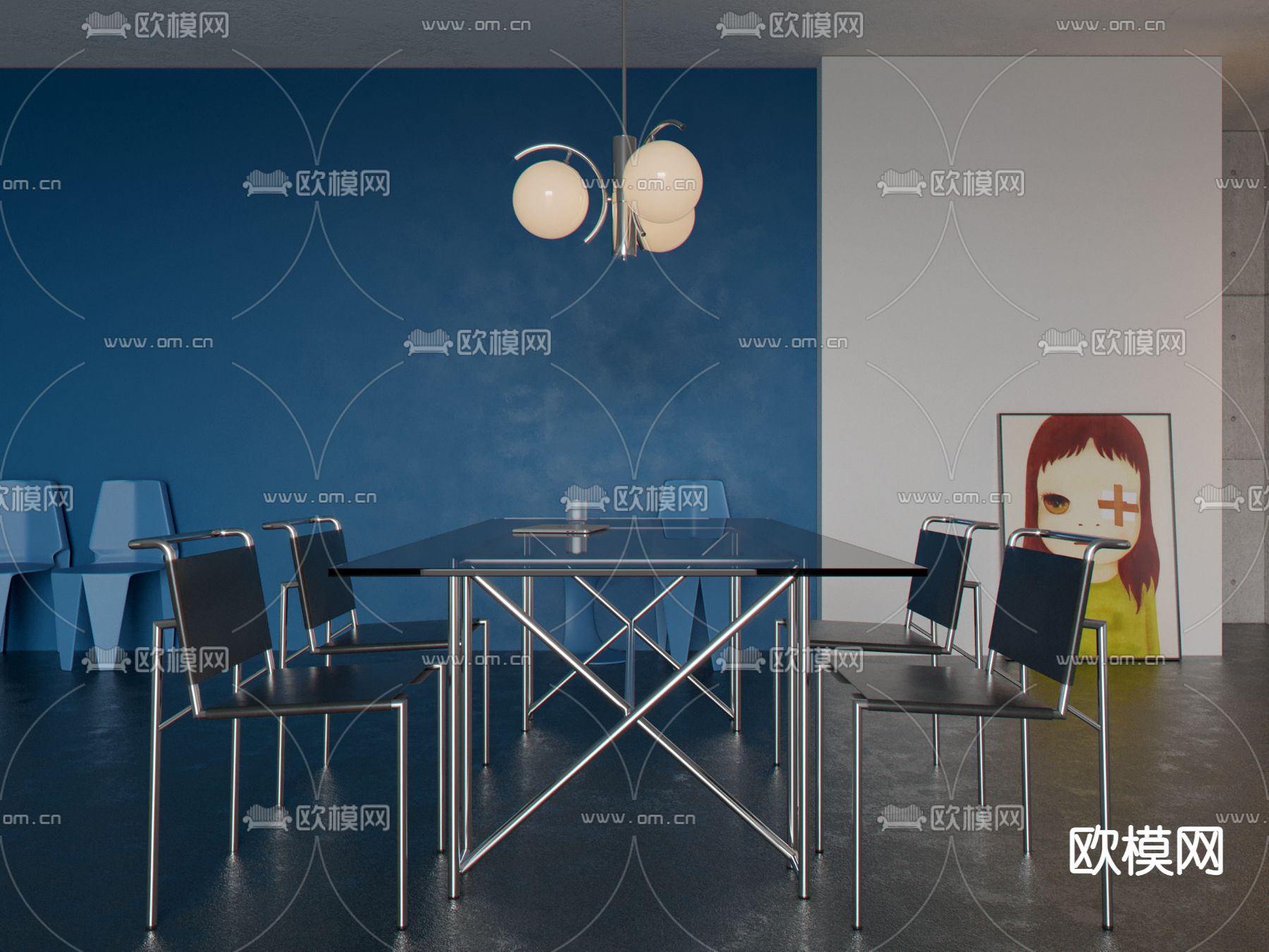 工业风玻璃餐桌椅组合3d模型
