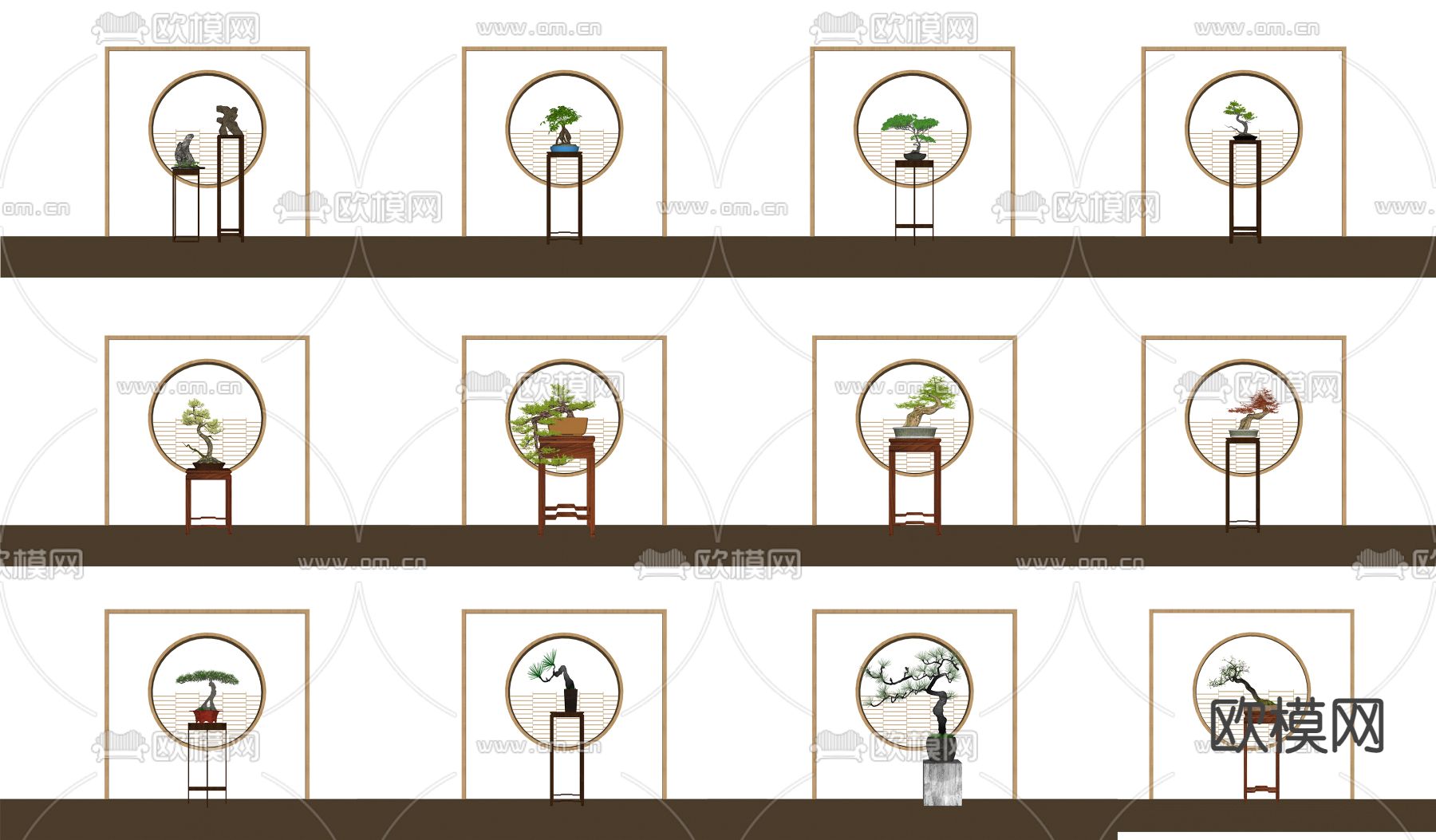 新中式端景台绿植盆栽su模型下载