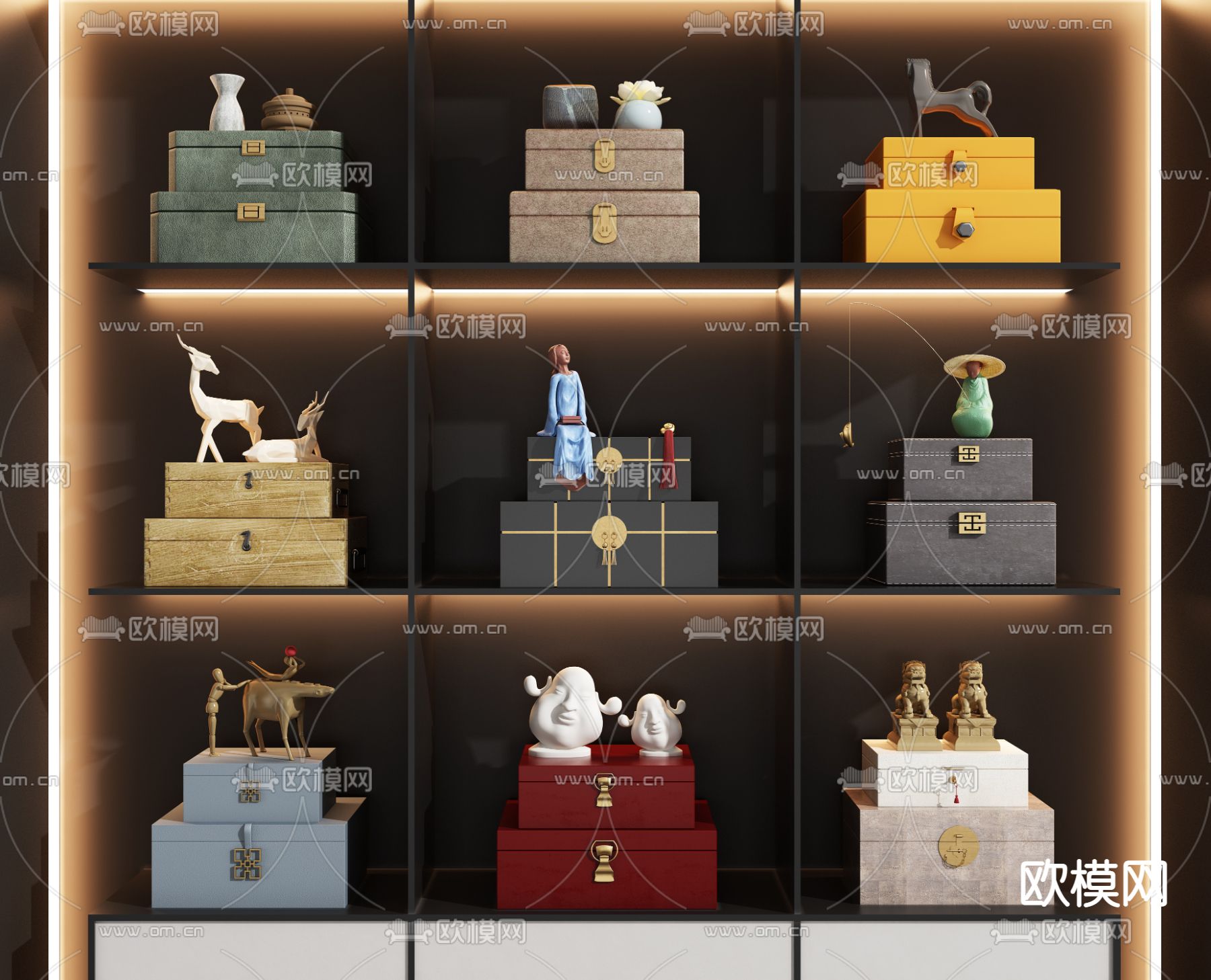 新中式雕塑盒子饰品摆件3d模型