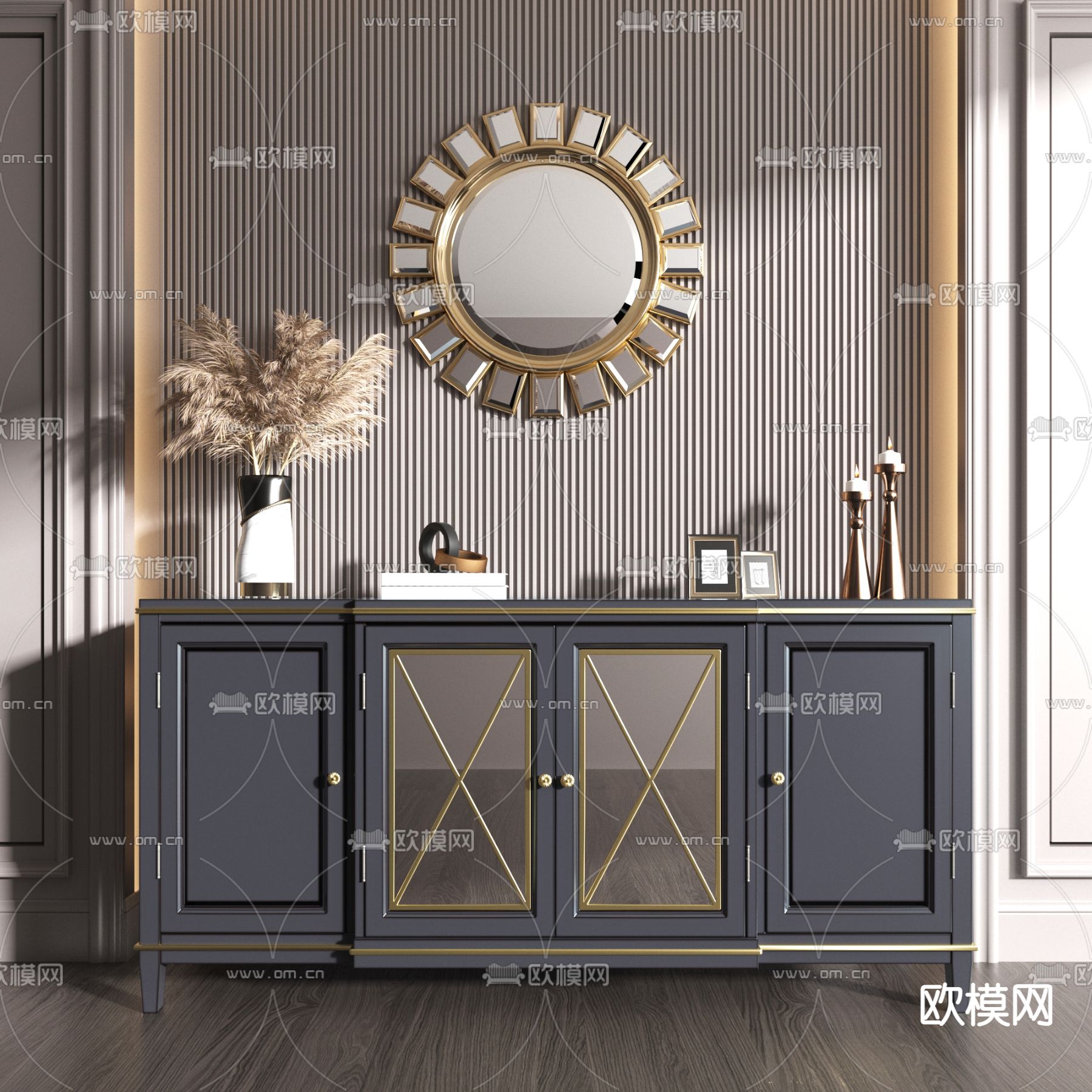 美式轻奢边柜su模型下载（渲染图1）