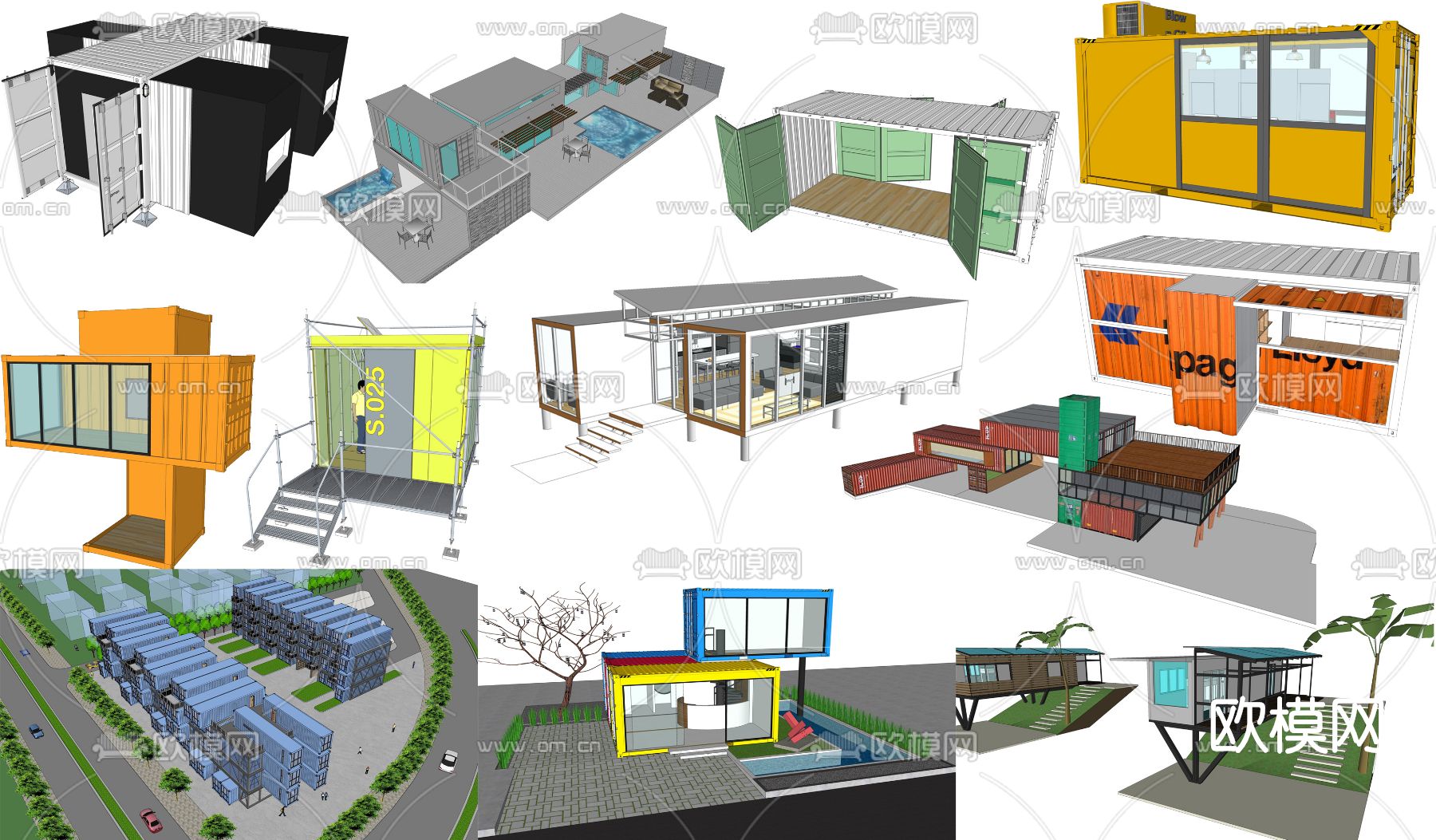 工业风集装箱建筑外观su模型下载